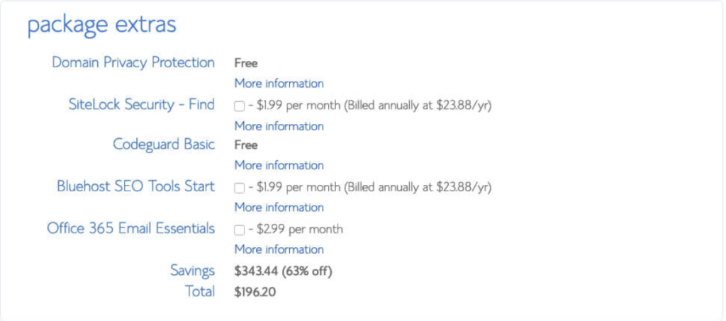 Extras do pacote durante o processo de check-out do Bluehost (captura de tela)