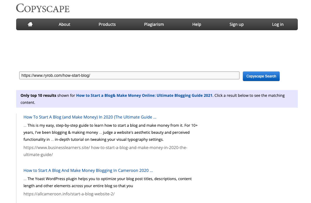 Copyscape Plagiarism Checker Tool (Screenshot of Duplicate Content Research When Buying a Blog)