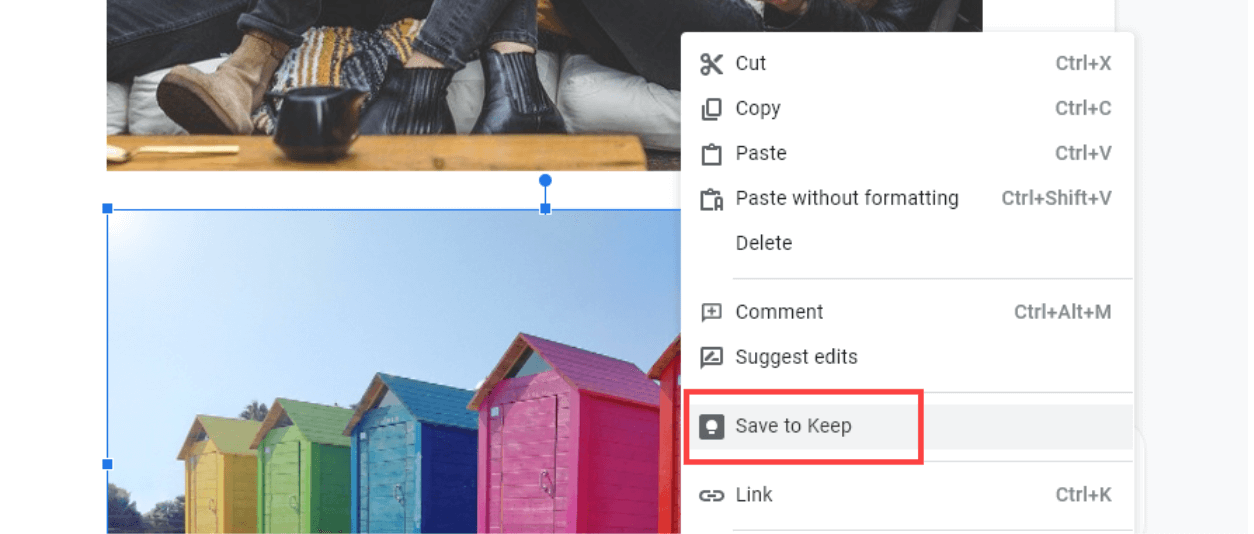 Google Docs Save to Keep Option (Screenshot for Downloading Images in Google Docs)