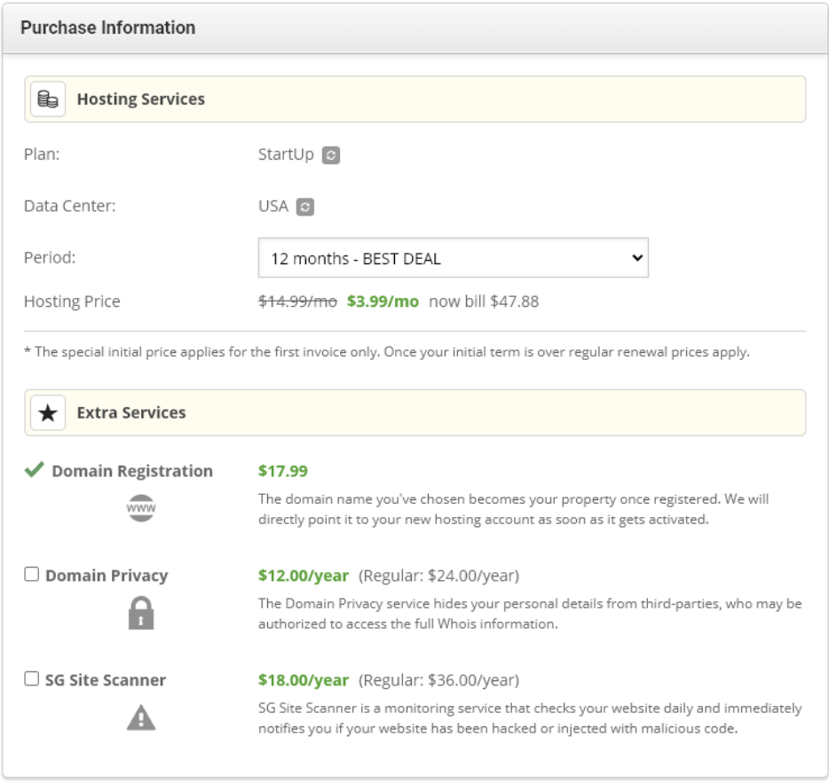 siteground purchase information