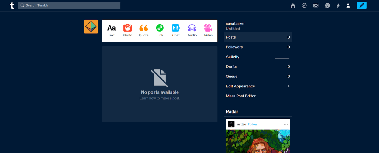 Tumblr Blog Dashboard Example Screenshot