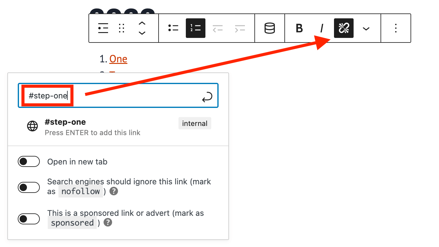 Adding Hyperlink to Table of Contents (WordPress Gutenberg) Screenshot