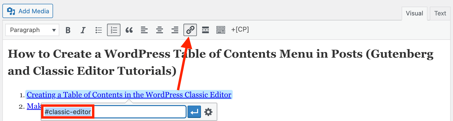 Table of Contents Hyperlink Text (Visual Editor)