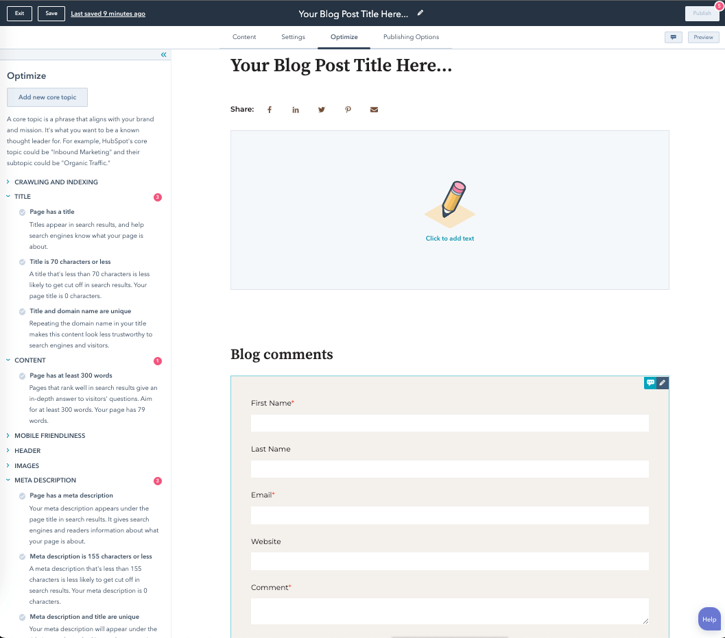 Optimizing and Publishing Blog Posts in HubSpot (Screenshot)