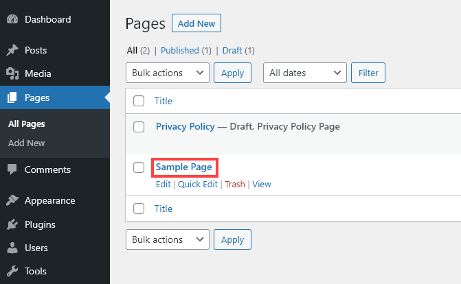 The Sample page shown in Pages -- All Pages in the WordPress admin