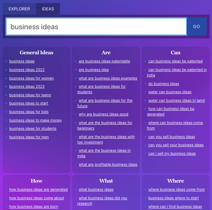 Keyword Ideas Tab (Screenshot of Free Keyword Research Tool) Business Ideas Search