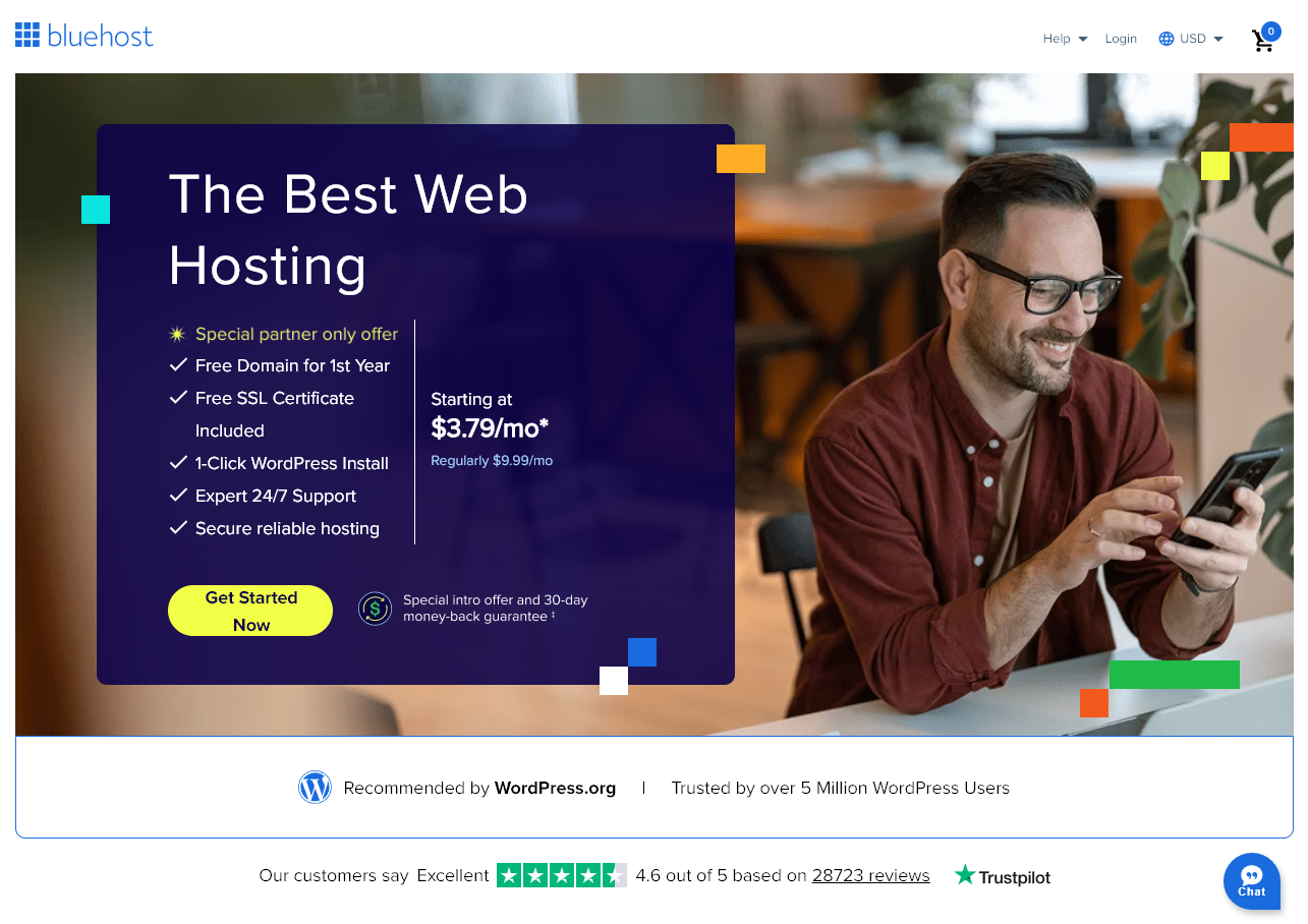 The Bluehost website front page, offering hosting from just $3.79/month