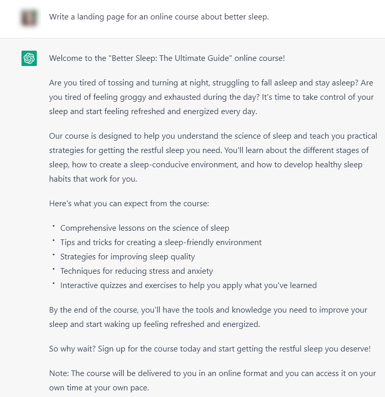 AI Written Landing Page Example (ChatGPT) Screenshot