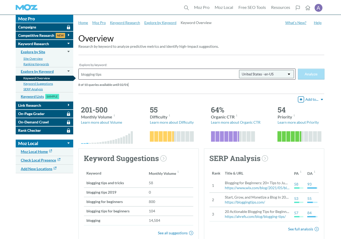 Moz Keyword Explorer (Suggestions) Screenshot