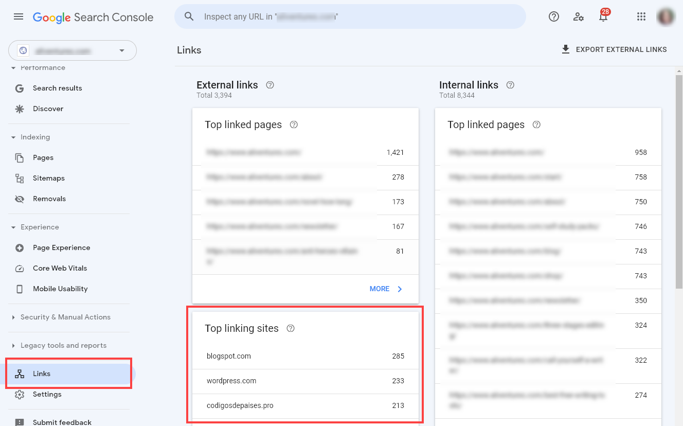 Google Search Console Screenshot of Top Linking Sites (Hoe to Get High Quality Backlinks Guide)