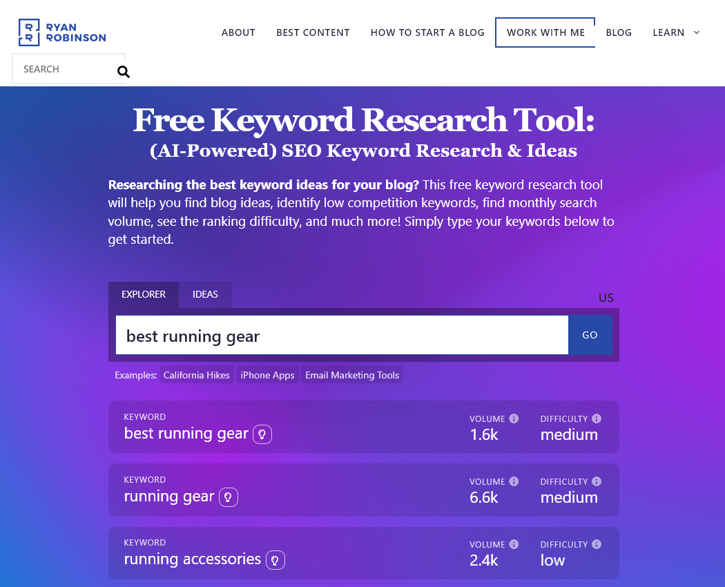 Free Keyword Research Tool by RyRob.com (Free SEO Tools Screenshot)
