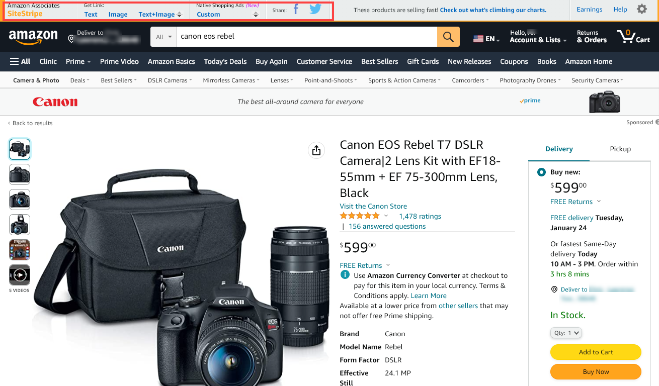 Amazon Affiliate Program Screenshot (Example of Affiliate Links)