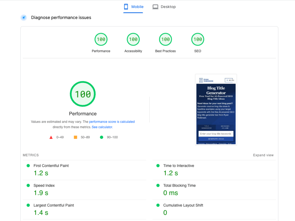 Google PageSpeed Insights Score (Screenshot Example of Blog Title Generator) to Speed Up Blog ryrob