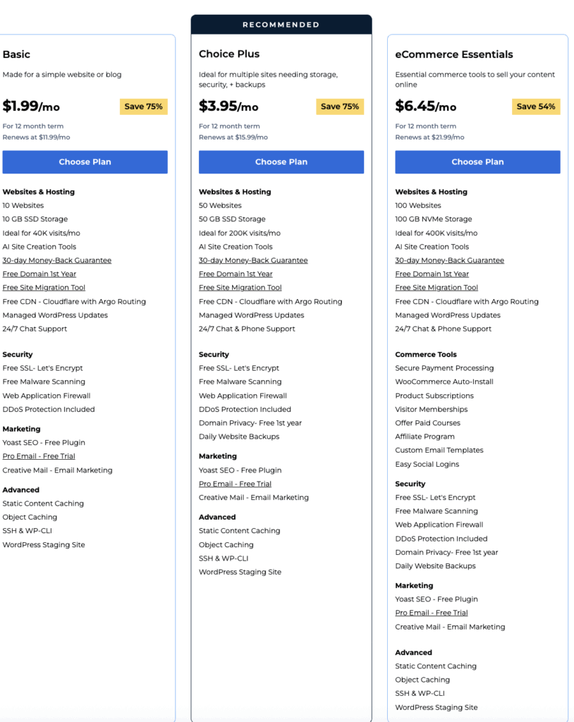 Bluehost Pricing Plans comparison