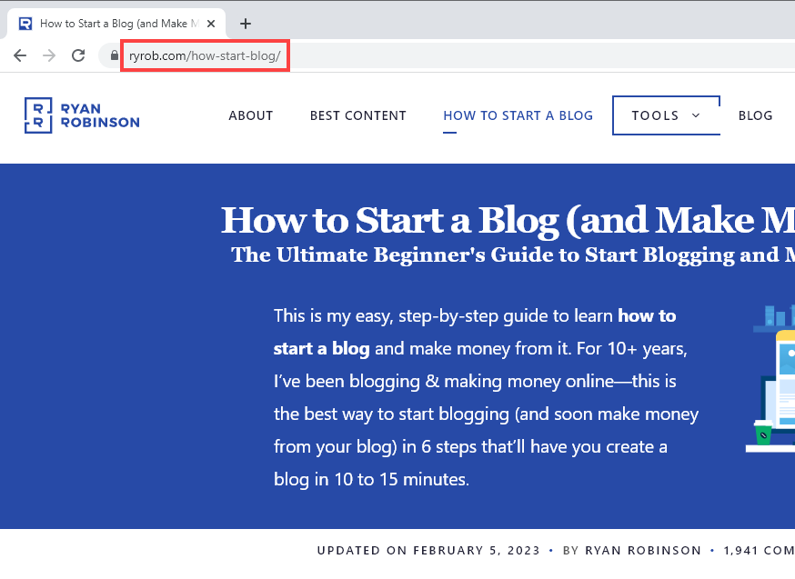 The permalink (blog link) to a specific post on the RyRob.com site, shown in the browser's address bar