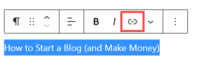 Creating the anchor text for a blog link, with the link symbol highlighted in red