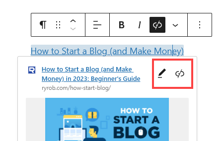 Clicking on a link to edit it, with the editing pencil icon shown