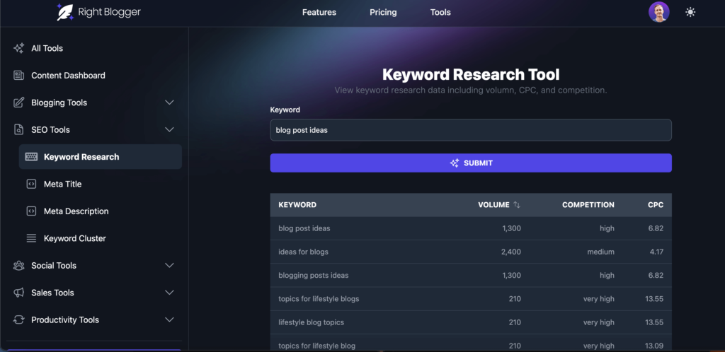RightBlogger AI Content Generation Tools (Feature Screenshot)