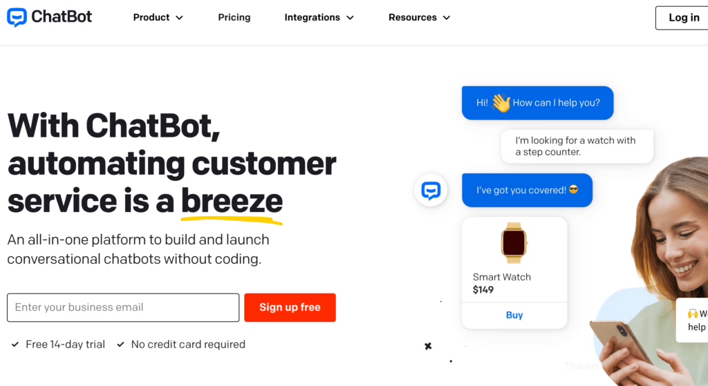 ChatBot Conversational Writing AI Tools and Customer Service Help (Screenshot)