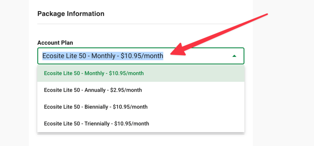 Greengeeks Monthly Web Hosting Plan Dropdown Select (Sign Up Process)