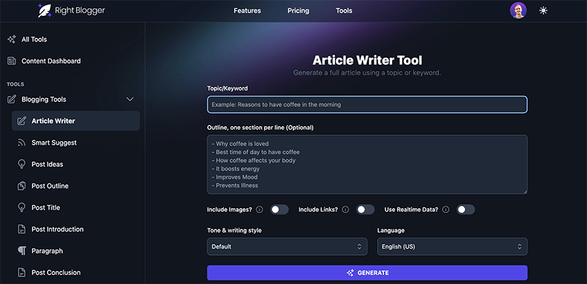 RightBlogger AI Article Writer Tool Screenshot