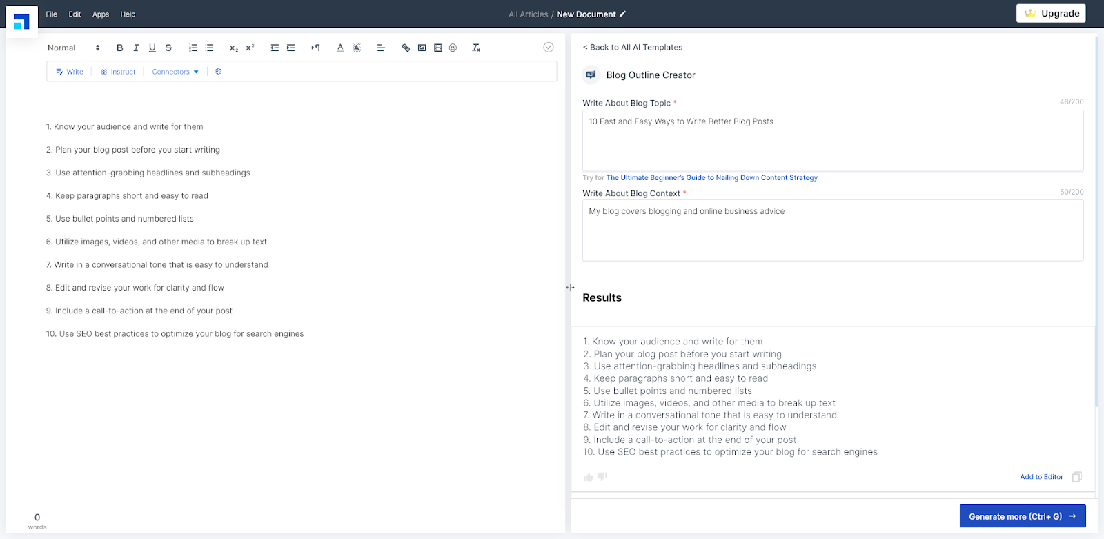 AI SEO tool Scalenut. The screenshot shows the Blog Outline Creator, crafting an outline for SEO-friendly content.