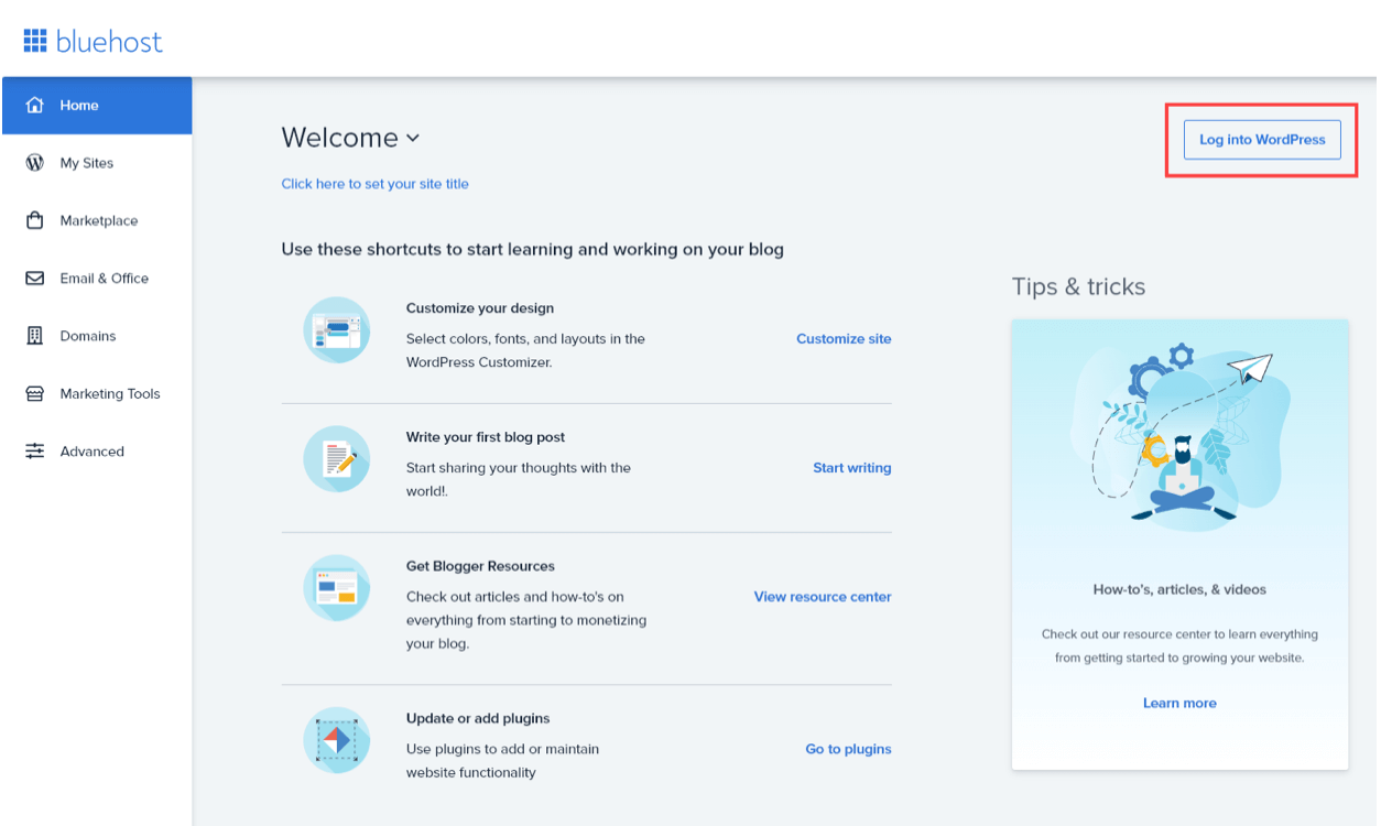 Links for WordPress beginners in the Bluehost admin panel, showing options to Customize your design, Write your first blog post, Get Blogger Resources, and Update or add plugins