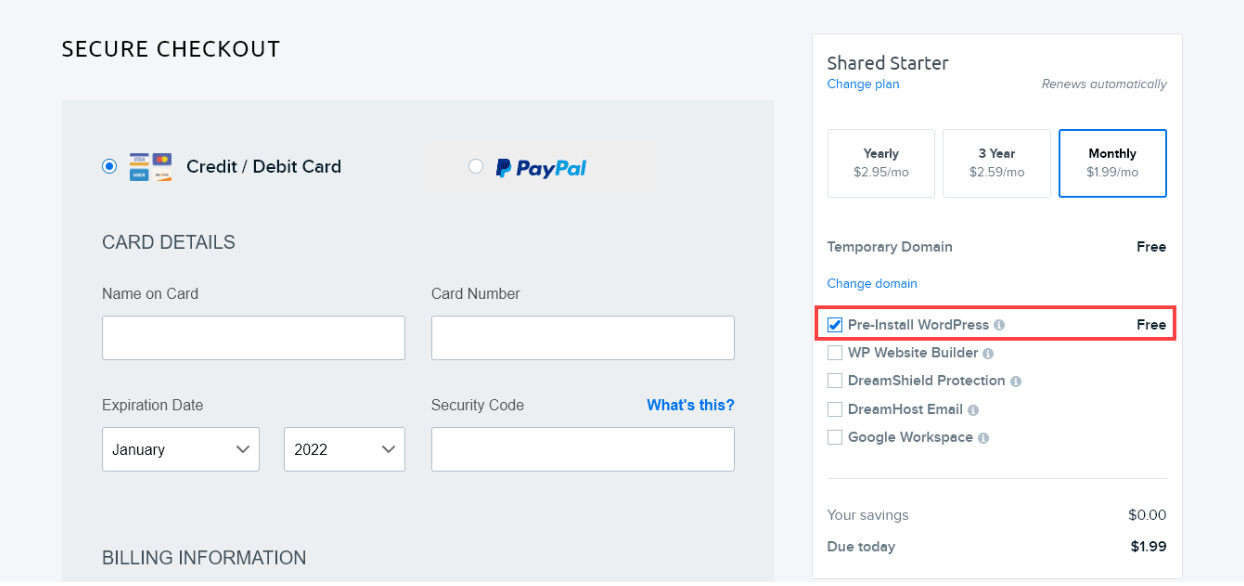 Option to Pre-Install WordPress selected on the checkout page when creating a WordPress site using Dreahost