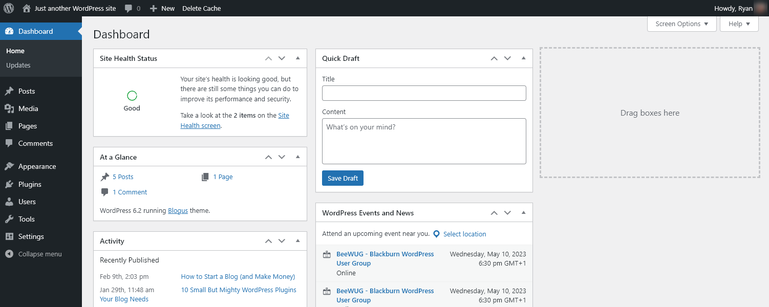 Screenshot showing the WordPress dashboard with information on Site Health Status, At a Glance, Activity, Quick Draft, and WordPress Events and News, plus the WordPress admin menu down th left hand side