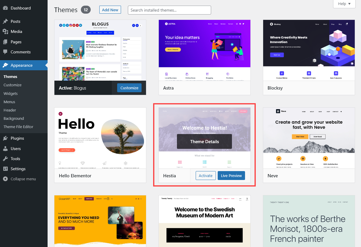 Screenshot on how to install WordPress themes showing the active theme (Blogus) and another theme (Hestia) with the Activate and Live Preview buttons showing