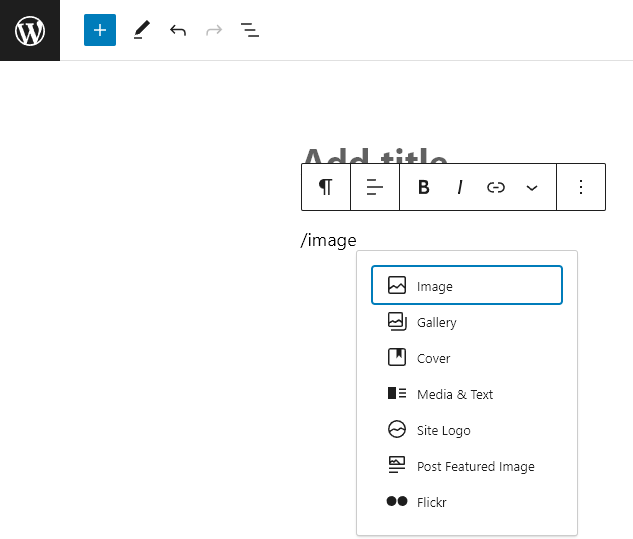 Screenshot showing how to add an image to a WordPress post using the Image block