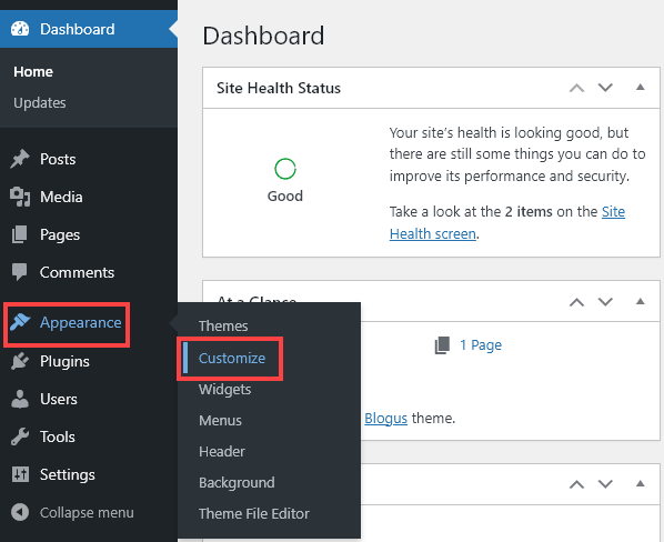 Screenshot showing the Appearance, Customize option in WordPress