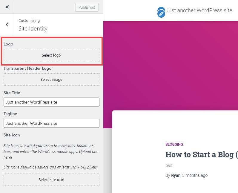 Screenshot showing how to select your logo using the WordPress customizer 