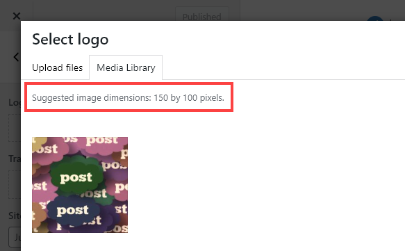 Screenshot showing how to check the size of the logo in the media library