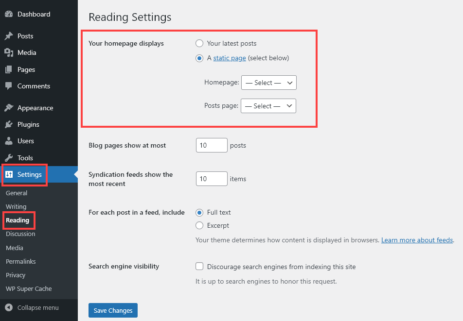 Screenshot showing how to use a static homepage for WordPress, with the option Settings, Reading, Your homepage displays set to A static page