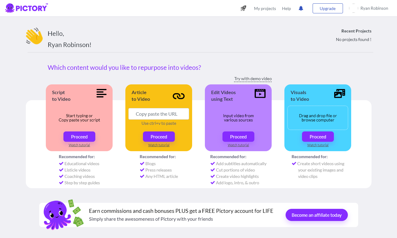 Pictory AI Tools for Repurposing Content into AI Video Content (Screenshot)