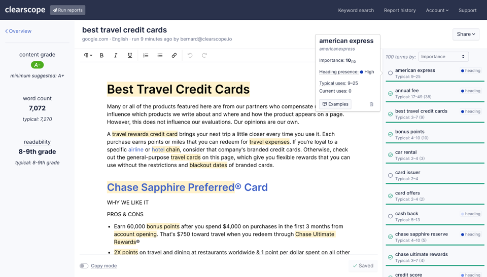 AI SEO tool Clearscope. The screenshot shows Clearscope in action, suggesting keywords to included in a post titled Best Travel Credit Cards.
