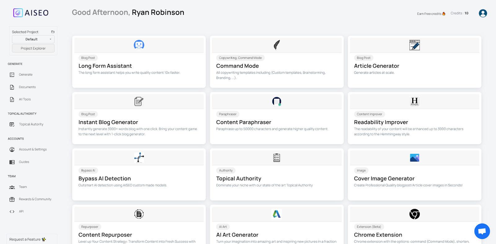 AI SEO tool AISEO. The screenshot shows the dashboard with a range of tools, including a Long Form Assistant to write blog posts, Content Repurposer, Readability Improver, and many more.