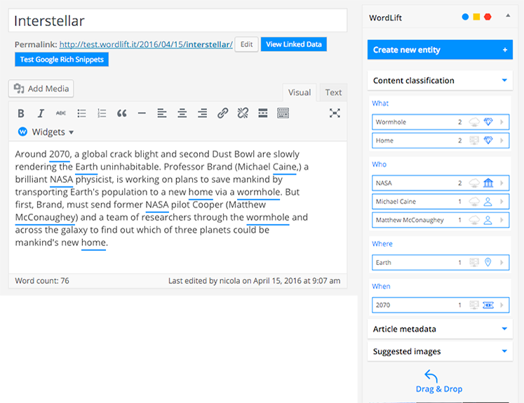 AI SEO Tool Wordlift, showing content being classified in different ways (what, who, where, when).