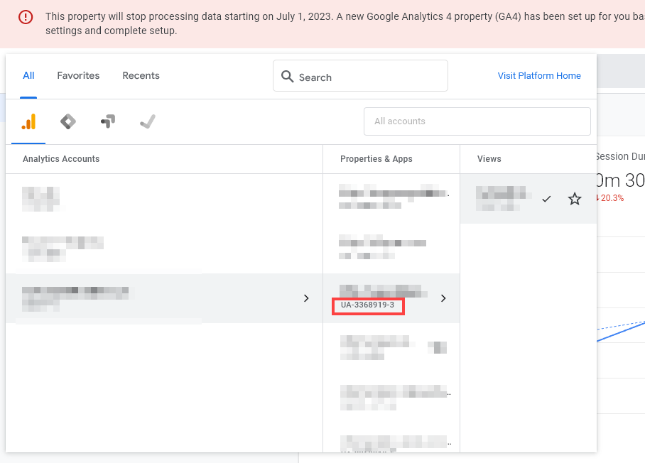 Google Analytics Screenshot Showing the UA- Code for the Property, Meaning It's Using Universal Analytics