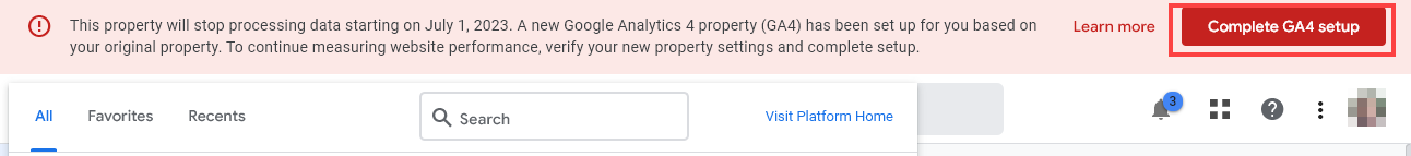 GA4 Setup Warning (Notification) Screenshot