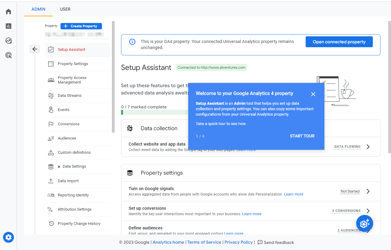 Google Analytics 4 Setup Assistant Tool With Popup Welcoming the User and Prompting Them to Start Tour