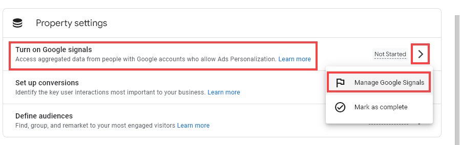 Google Analytics 4 Setup Assistant Showing the Turn On Google Signals Option Under Property Settings