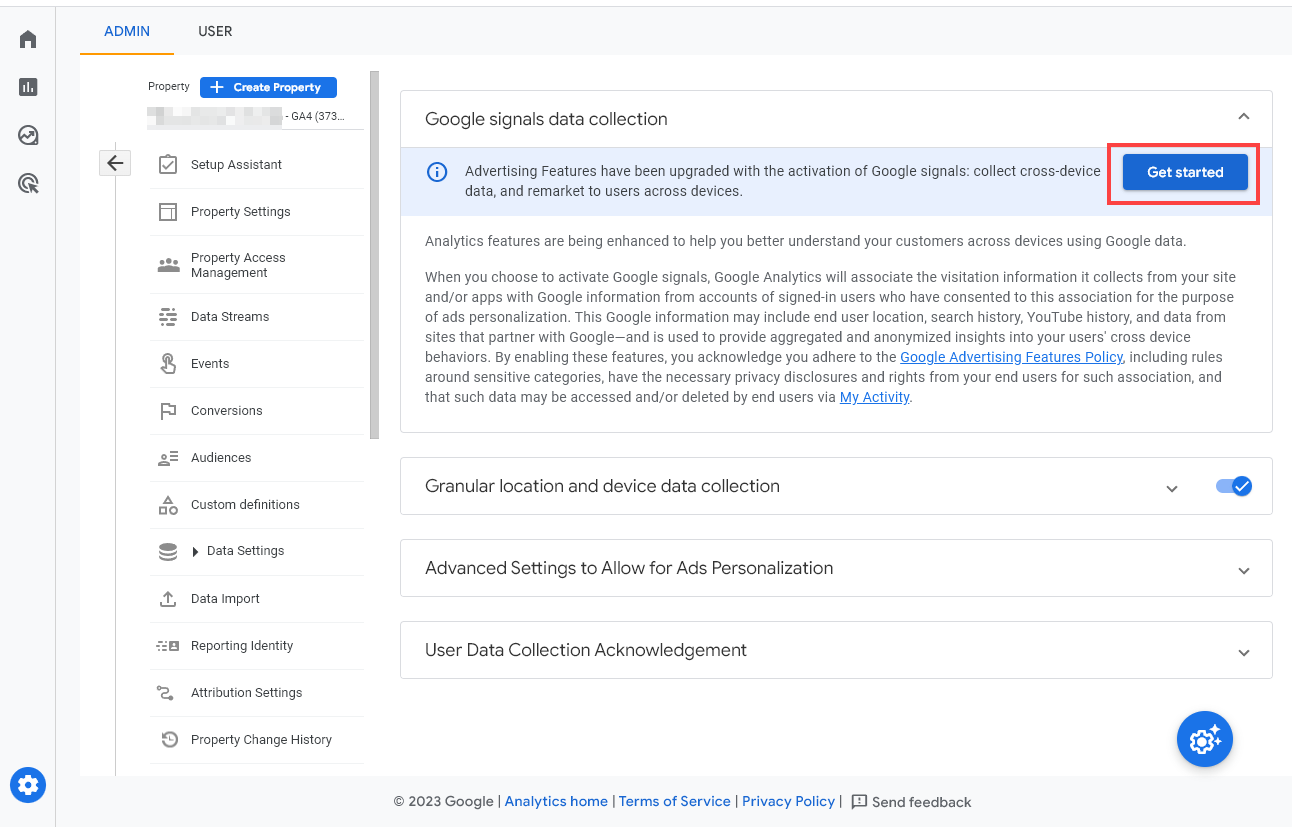 Google Analytics 4 Setup Assistant Showing the Google Signals Data Collection Information and Get Started Button