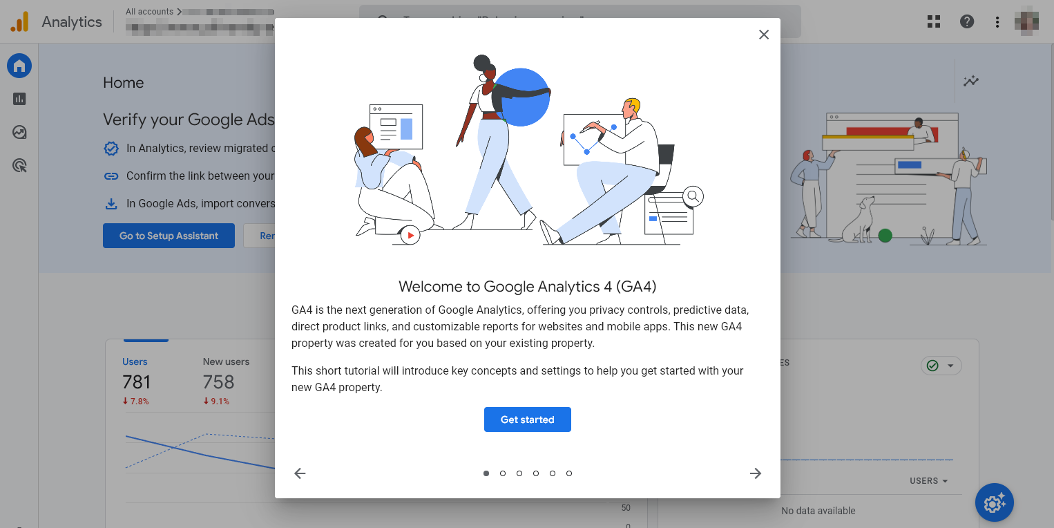 Google Analytics 4 Account Showing the Message Welcome to Google Analytics 4 (GA4)