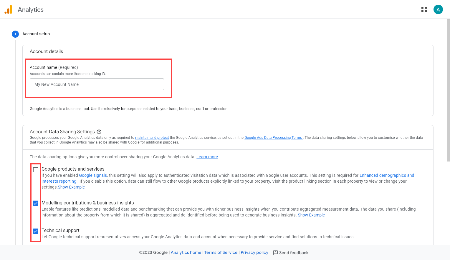 Google Analytics Account Setup Screen Prompting the User for an Account Name and to Select Data Sharing Options for Google Analytics Data