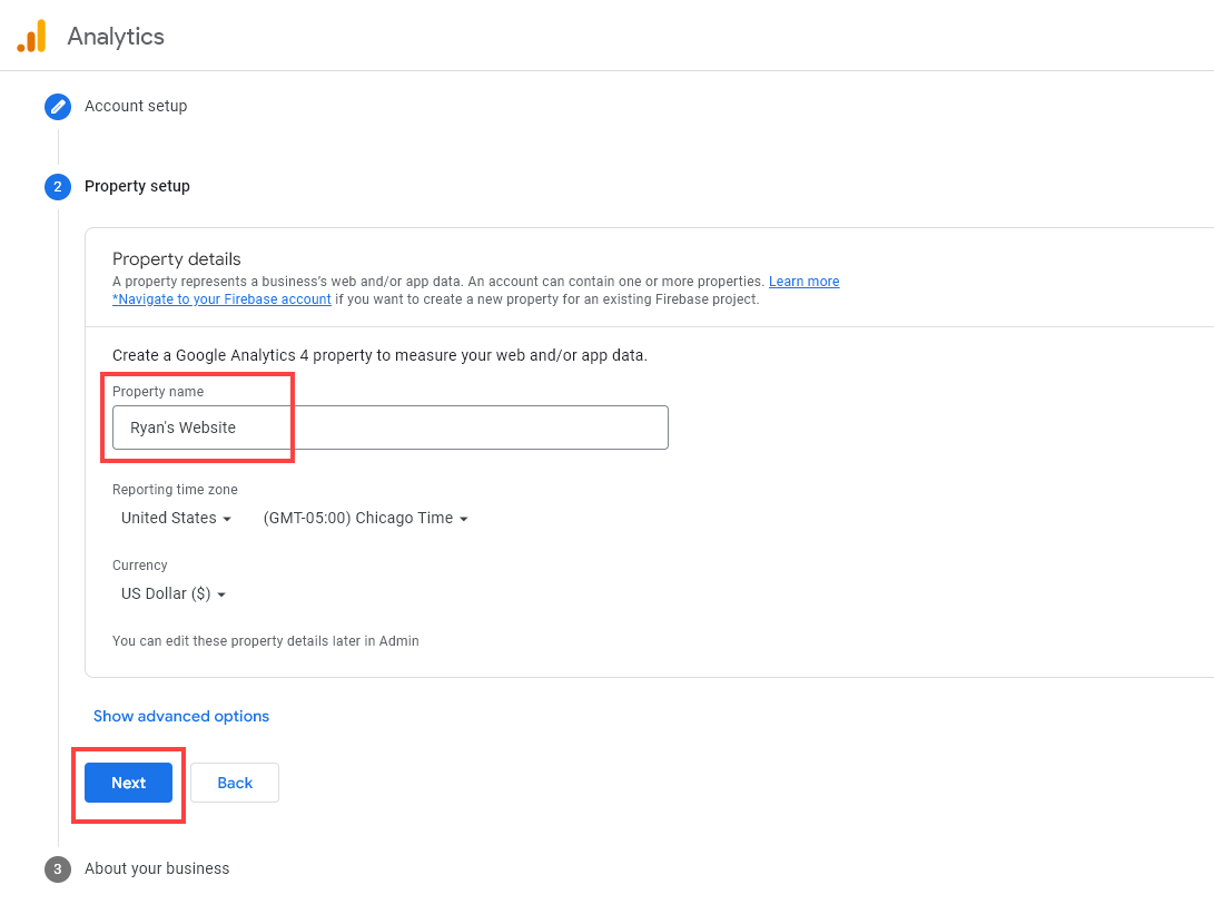 Google Analytics Property Setup Screen Prompting the User for Property Name, Time Zone, and Currency 