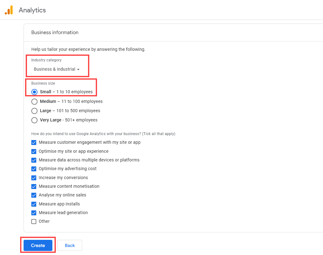 Google Analytics Business Information Screen Prompting the User for Details About Their Business and How They Intend to Use Google Analytics