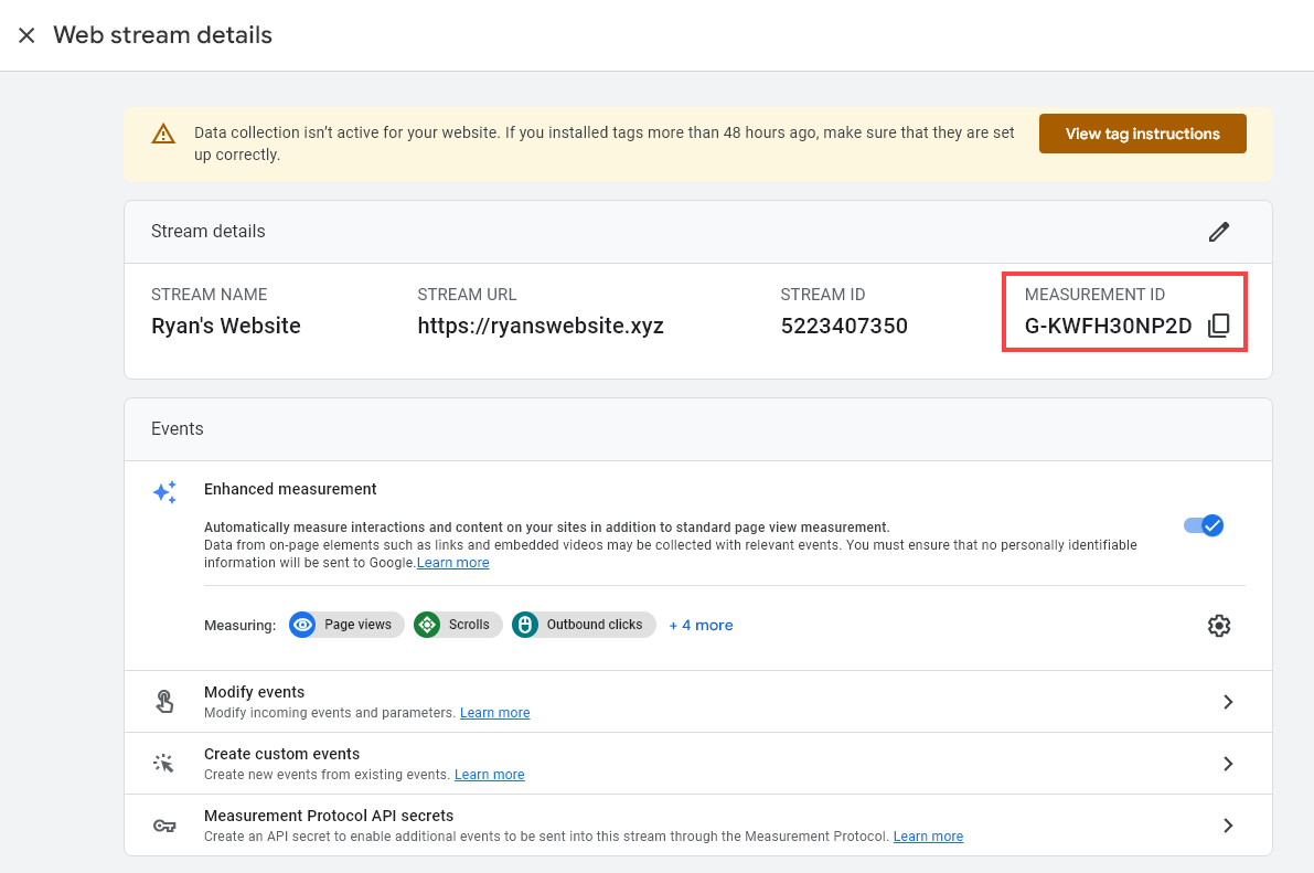 Google Analytics Web Stream Details for Stream With Name Ryan's Website, URL ryanswebsite.xyz, Strea ID and Measurement ID