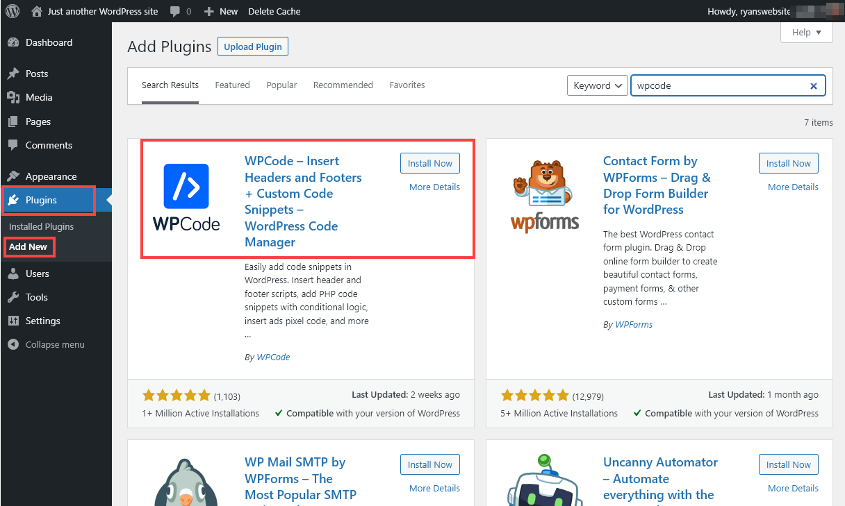 WordPress Admin Area With Plugins, Add New Selected, and With WPCode Type Into the Search Box. The WPCode Plugin is Shown on the Screen